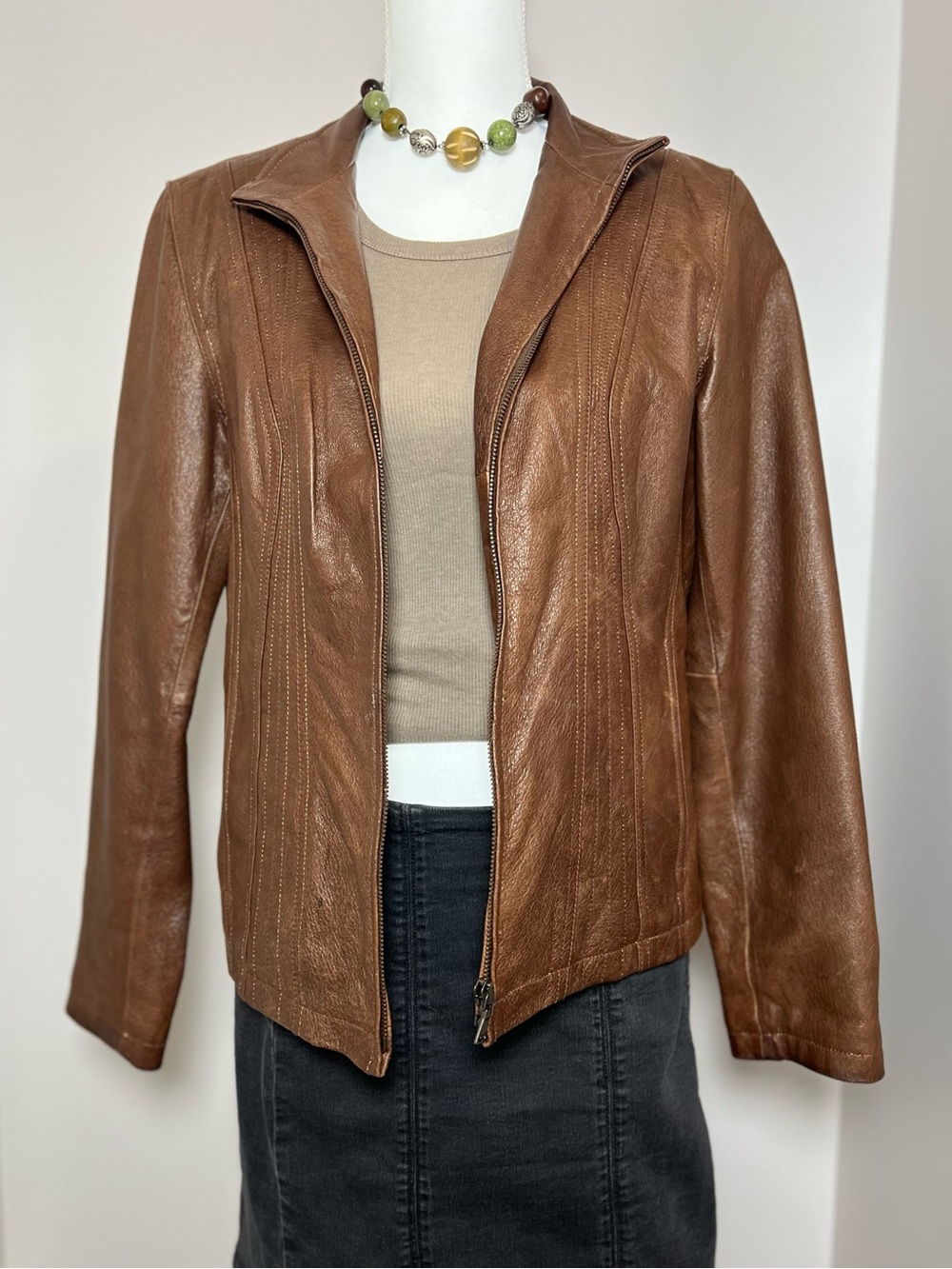 a.n.a Brown Genuine Leather Jacket Zip Moto Minimalist Chic 🤎🧥